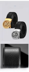 Close-up of black lychee grain leather belt and automatic buckle with cross floral relief