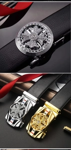 Close-up of luxury men's automatic belt buckle with sparkling white rhinestones inlay