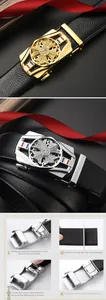 Detail of luxury automatic belt buckle with rhinestones and leather strap length guide
