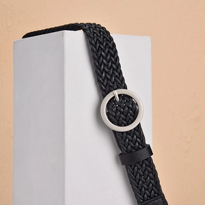 Ceinture tressée noire pour femme avec boucle ronde argentée pour robes et jeans de mode