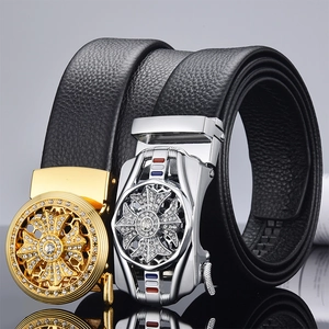 Men Luxury Faux Leather Belt With Rotatable Automatic Iron Buckle Rhinestone Cross Design Business Fashion Waistband