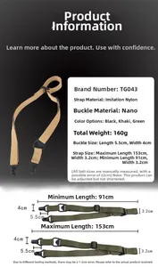 Detailed size chart for the adjustable nylon tactical two-point mission strap