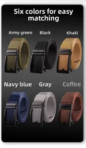 Tactical nylon canvas belts shown in army green, black, khaki, navy, grey, and coffee colors