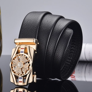 Men's luxury automatic belt with gold rotating gear buckle and sparkling rhinestones