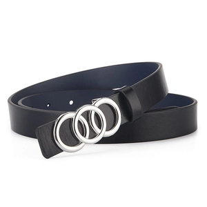 Damen-Ledergürtel in Schwarz mit silberner Dreifach-Ringschnalle und blauem Futter