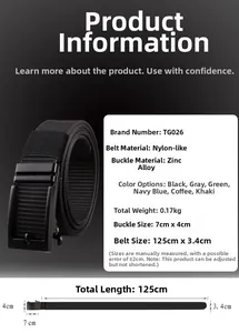 Detailed size and material specs for tactical nylon belt with zinc alloy buckle