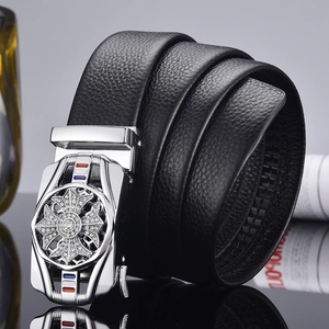 Men's premium black leather belt with silver automatic buckle and rhinestone cross