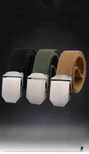 Three tactical canvas belts in black, olive green, and khaki with zinc alloy buckles