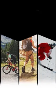 Three outdoor scenes showing cycling, hiking, and skiing use for the tactical canvas belt