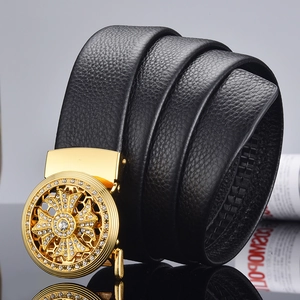 Men's luxury black lychee leather belt with golden rotatable diamond buckle