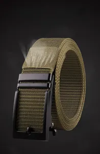 Detail of army green tactical canvas belt showing breathable fabric and matte buckle