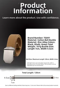 Detail of khaki tactical canvas belt with heavy-duty zinc alloy buckle and cotton webbing