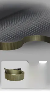 Detail of army green nylon tactical belt showing heat-cut hardened tail and dense weave