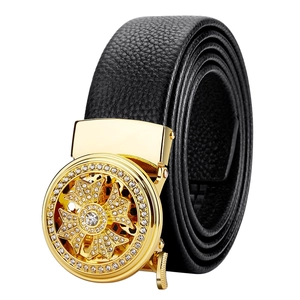 Men's leather belt with luxury gold rotating buckle and sparkling rhinestone star design