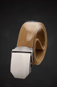 Detail view of khaki canvas tactical belt with a matte metallic buckle and breathable weave