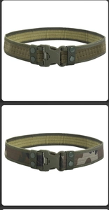Detail view of tactical belt with heavy-duty quick release buckle in olive and camo