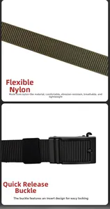 Detail of military tactical nylon belt featuring a black quick release buckle and rugged strap