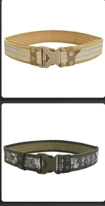 Detail of camouflage tactical belts with heavy-duty quick-release buckles and EVA lining