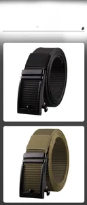 Detail view of black and army green tactical canvas belts with matte alloy buckles