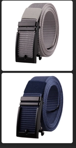 Detail view of woven outdoor belts in grey and blue with matte black alloy buckles