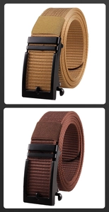Detail view of heavy-duty khaki and dark brown tactical nylon belts with matte black buckles