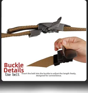 Detail of adjustable brown woven tactical belt with dark grey metal automatic buckle