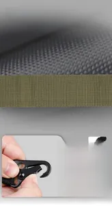 Close-up of olive green tactical strap with durable black alloy hook and nylon webbing