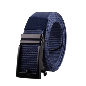 Dark blue nylon woven tactical belt with matte black automatic metal buckle on white background