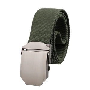 Army green canvas tactical belt for men with matte dark grey metal buckle on white background