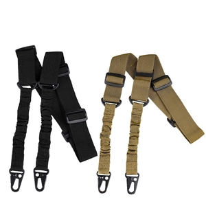 Tactical dual-point nylon sling strap in black and khaki with metal hooks for outdoors
