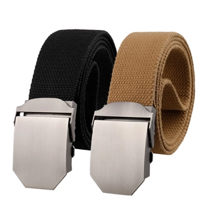 Tactical canvas woven belts in black and khaki with matte finish metal shield buckles