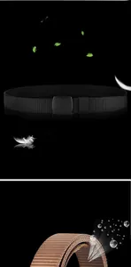 Detail showing lightweight nylon tactical belt with quick-release non-metal buckle