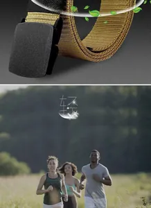 Detail of high-density nylon belt with plastic buckle and outdoor running scene