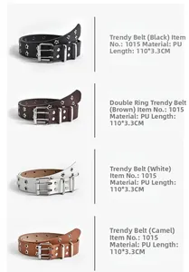 Detail view of four PU leather star rivet belts in black brown white and camel colors