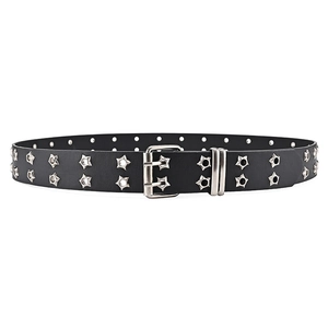 Detail of black punk leather belt featuring double-row silver star eyelets and a double-prong buckle