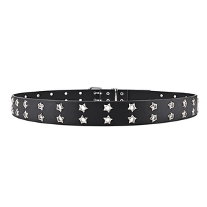 Detail of black punk belt with double-row silver star studs and twin-needle buckle design