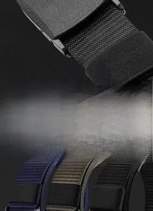 Detail of durable nylon tactical belts with adjustable buckles in multiple colors