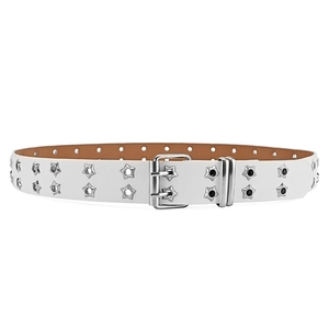 Close-up of white leather belt with double rows of star-shaped metal eyelets and silver buckle
