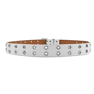 Close-up of white leather punk belt with double-row star-shaped silver metal eyelets