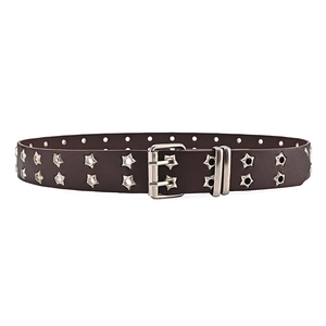 Detail of dark brown punk belt with double rows of silver star studs and twin pin buckle