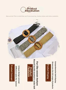 Close-up of three woven straw belts with round wooden buckles in black and khaki