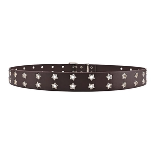 Detail of dark brown leather punk belt with double row silver star metal eyelets