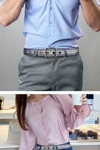 Detail eines grau gestreiften Leinengürtels mit Metalldornschließe für Damen und Herren
