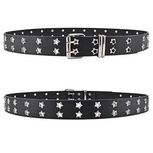 Punk black leather belt with double row star-shaped silver studs and double prong buckle