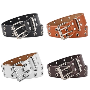 Punk style leather belts with star studs and double grommets in four diverse colors