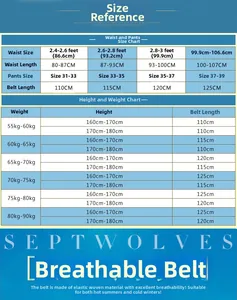 Size chart for elastic woven belts with waist measurements and length recommendations