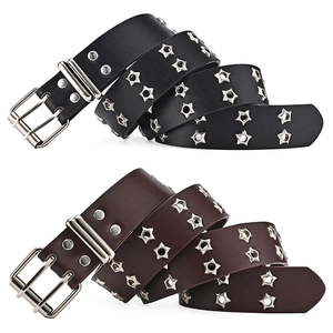 Punk style leather belts in black and brown with silver star metal eyelets and double prong buckle