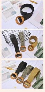 Detail view of woven stretch belts with wooden buckles in black, khaki, and chevron patterns