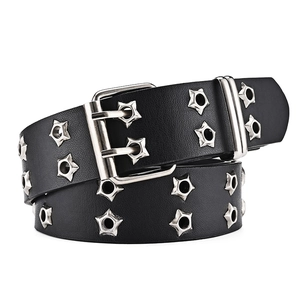 Punk black leather belt featuring double rows of silver star eyelets and a dual prong buckle
