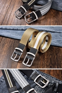 Detailansicht robuster Canvas-Gürtel mit Metallschnallen und gestreifter Textur
